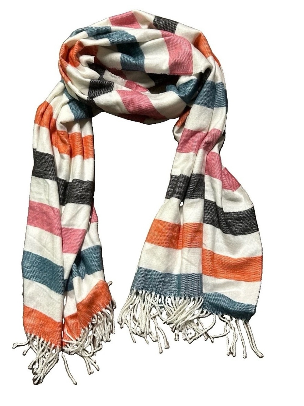 Women’s Fleece Multi Color Striped Scarf Tassel Ends